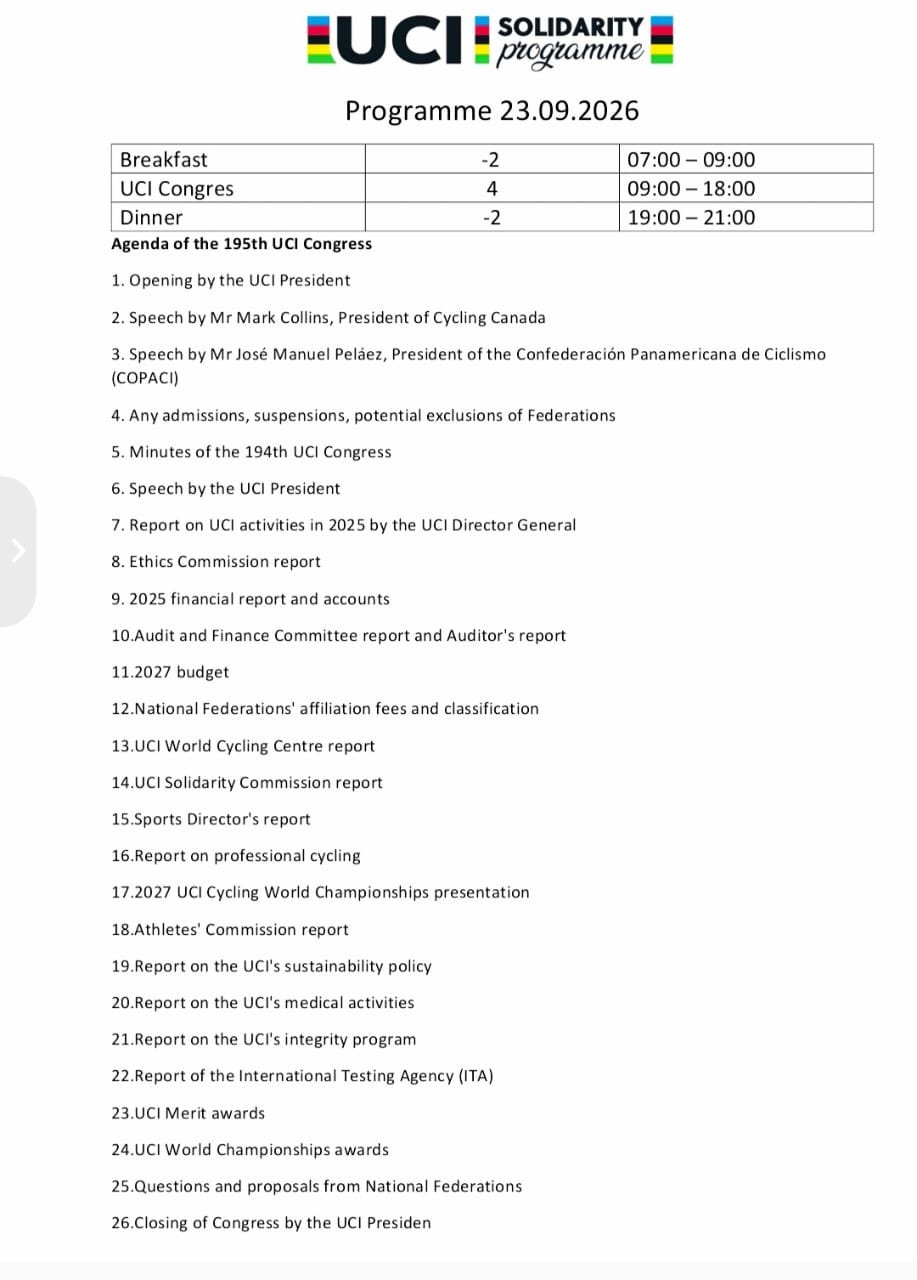 Fac-similé officiel Ordre du Jour 195ème Congrès UCI